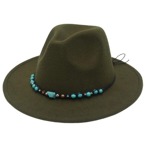 Ethnic Western Cowboy Fedora Hat For Women Men Large Brim Cotton Felt Hat With Turquoise Beads Bohemian Style Jazz Hat