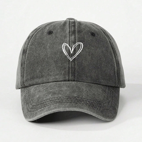 Vintage Washed Polyester Baseball Cap With Embroidered Heart Pattern Breathable Sunshade Casual Retro Adjustable Hat For Women