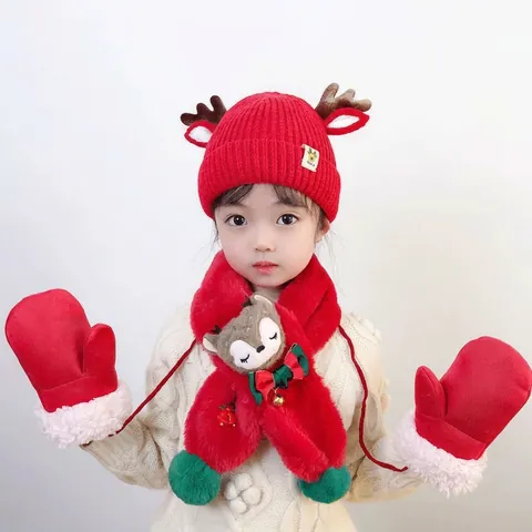 Christmas Baby Hat Scarf And Gloves Reindeer Antler Knit Plush Warm Winter Toddler Infant Neck Warmer Mittens Outdoor