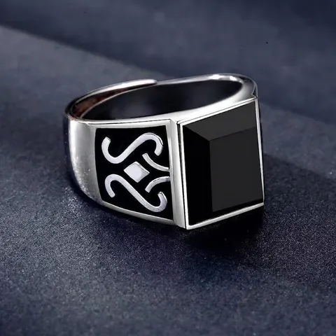 Herren Vintage Totem Ring Verstellbar Quadratisch Schwarz Obsidian Stein Legierung Retro Punk Schmuck