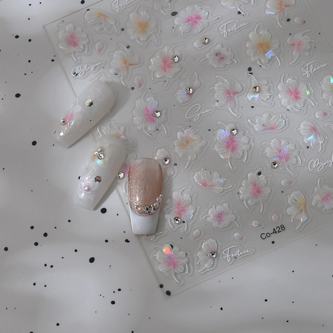 5D Relief Nail Art Stickers Elegant White Flowers Rhinestones Adhesive Waterproof DIY Manicure Decoration For Women