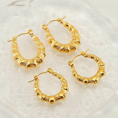 Bamboo Texture Hoop Earrings For Women 18K Gold Plated Stainless Steel Vintage U Shaped Retro Jewelry Accessory