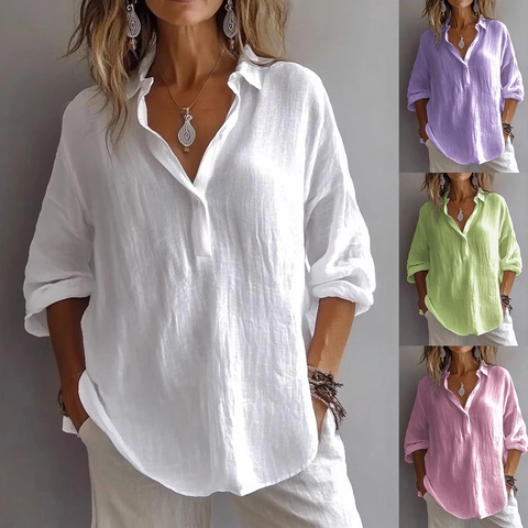 Women Solid Color Blouse V Neck Button Up Loose Casual Long Sleeve Shirt Linen Texture Top