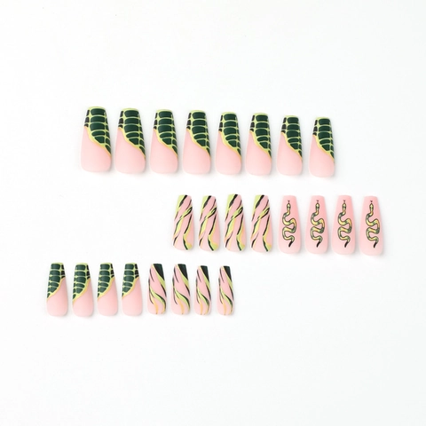 Long Coffin Press On Nails Matte Pink Green Snake Pattern Gold Snake Decor Artificial Nail Tips Women DIY Manicure