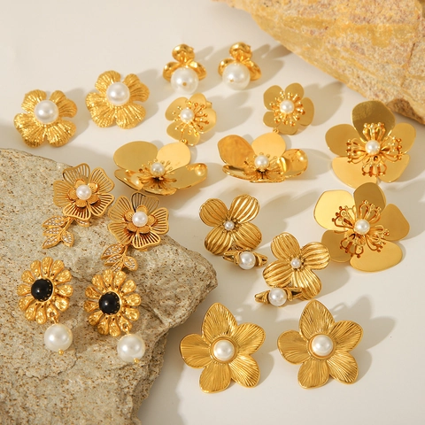 Flower Stud Earrings Stainless Steel 18K Gold Plated Artificial Pearl French Vintage Fashion Elegant Jewelry For Women Girls