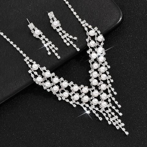 Luxurious Silver Plated Alloy Rhinestone Imitation Artificial Pearl Jewelry Set Water Drop Necklace Earrings Bracelet For Wedding Women
