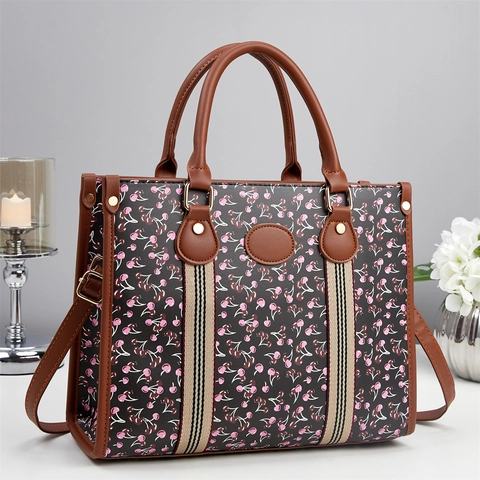 Women Elegant Cherry Print Tote Bag PU Leather Large Capacity Handbag With Detachable Shoulder Strap Daily Fashion