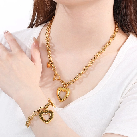 Joyería Collar Y Pulsera De Acero Inoxidable Con Colgante De Corazón Hueco Y Cierre OT Para Mujer Elegante