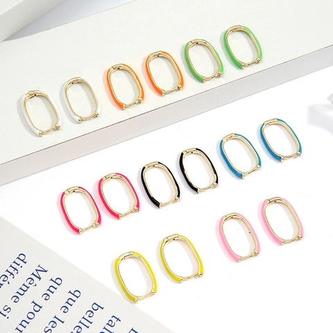 Brass Enamel Oval Hoop Earrings U Shaped Colorful Vintage Minimalist Jewelry For Women