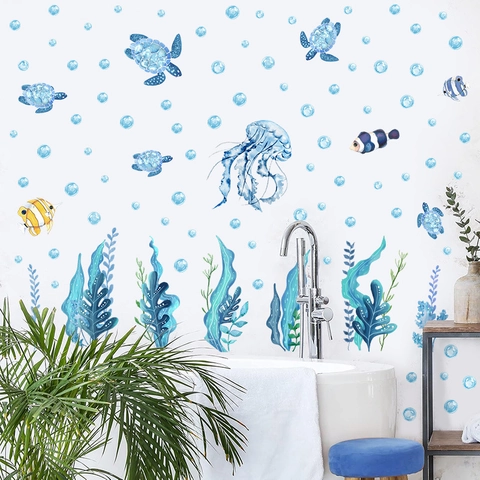 Autocollants Muraux Animaux Marins Sous-Marins PVC Auto-Adhésif Aquarelle Thème Océan Tortue De Mer Méduse Décor Pour Salon Salle De Bain