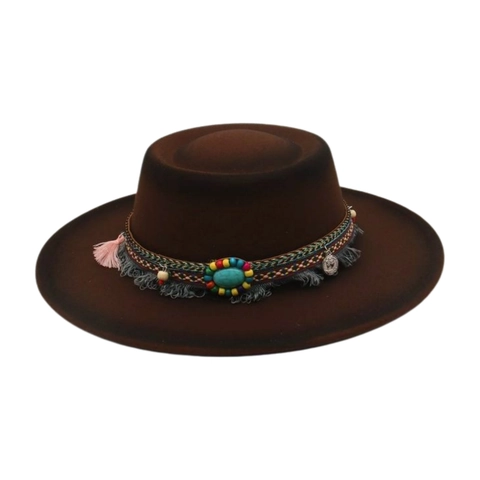 Vintage Etnische Fedora Hoed Voor Dames Brede Rand Platte Bovenkant Wolvilt Textuur Met Turquoise Kwastje En Metalen Munt