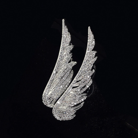 Elegante Engelenvleugel Veer Broche Pin Legering Glinsterende Strass Pak Jas Accessoire Voor Dames