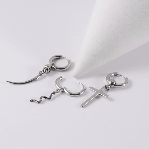 Orecchini A Cerchio Punk In Acciaio Inossidabile Con Pendenti Croce Spada Serpente Teschio Piuma Pugnale Gotico Unisex
