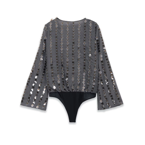 Dames Pailletten Bodysuit Lange Mouwen Diepe V-Hals Glitter Feest Avond Grijs Body