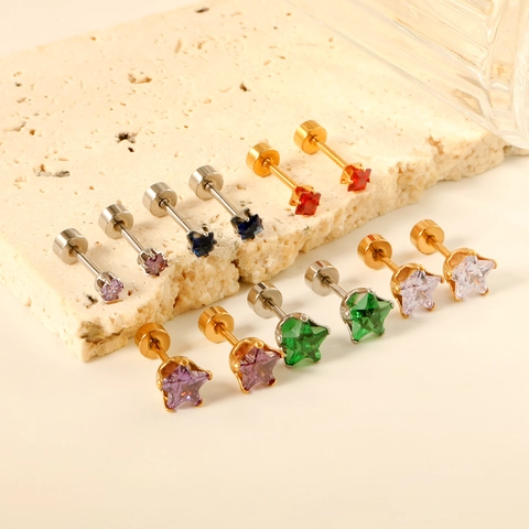 Orecchini A Lobo In Acciaio Inossidabile Con Zirconia Cubica Colorata Stella Cuore Quadrato Con Chiusura A Vite Da Donna