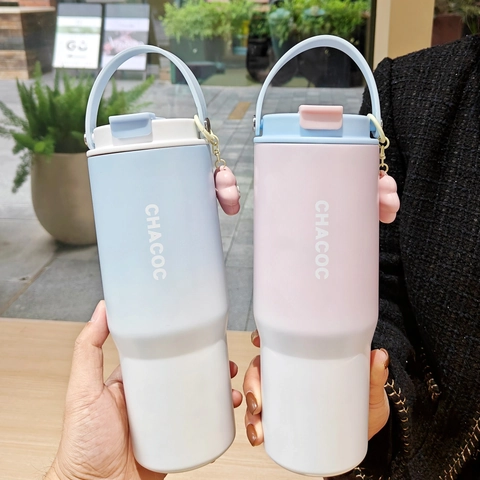 Insulated Water Bottle Stainless Steel Vacuum Flask Portable Handle Gradient Color Dual Drink Lid Straw Coffee Mug