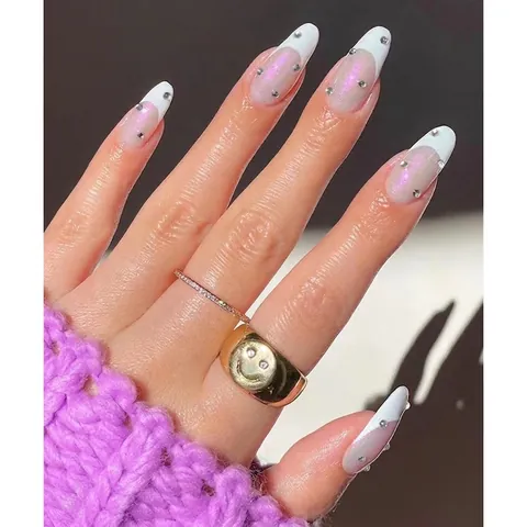 Uñas Postizas Francesas Aurora Perla Artificialdo Puntas Blancas Diamantes De Imitación Forma Almendra Elegante