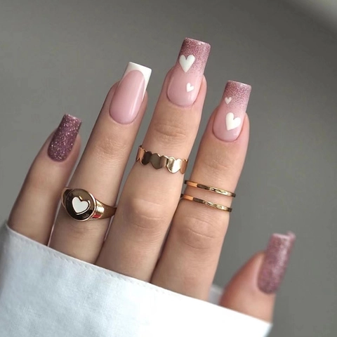 Artificial Press On Nails Pink Glitter Heart Pattern French White Tip Gradient Square Shape Sweet Style Girl