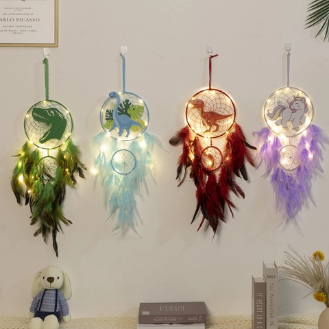 Acchiappasogni Fatto A Mano Dinosauro Unicorno Decorazione Murale Piuma Luce LED Per Cameretta Bambini