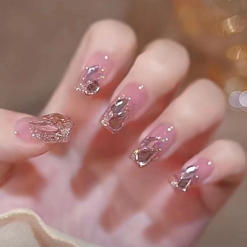 Unghie Finte A Pressione Sfumate Rosa Glitter Strass Quadrate Arrotondate Unghie Artificiali Per Donne Eleganti