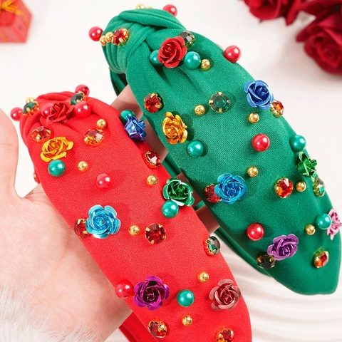 Cerchietto Largo Con Nodo Fiore Di Rosa In Lega Strass Finta Perla Artificial Tessuto Elegante Accessorio Capelli Per Donne
