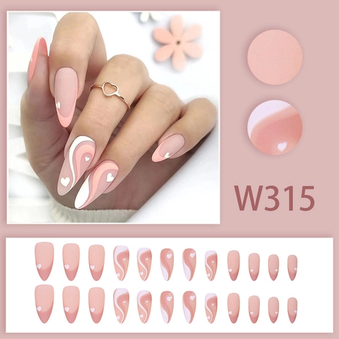 Matte Press On Nails Long Almond Heart Wave Nude Pink Gradient Fake Nail Tips For Women Elegant Manicure Art