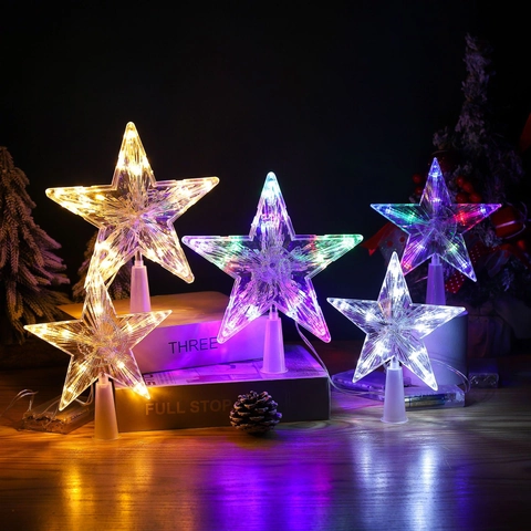 Christmas Tree Topper Star Light LED Transparent Plastic Battery Operated Holiday Glowing Decoration Home Party Ornament