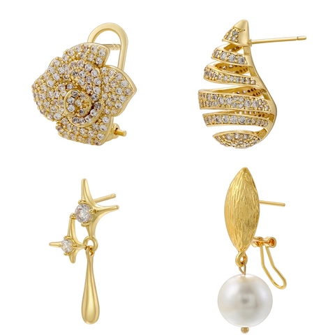 Vintage Brass Stud Earrings With Cubic Zirconia Artificial Pearl Water Drop Starburst Petal Shape Elegant Jewelry Women