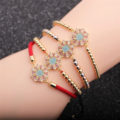 Adjustable Bracelet Copper Colorful Zircon Inlaid Octagonal Star Geometric Charm Woven Rope Gold Bead Jewelry For Women Men