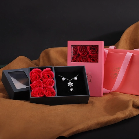 Rosenblumen Schmuckschatulle Mit Seifenrosen Romantischer Hochzeitsantrag Organizer Box Für Halskette Ring Ohrring Rosa