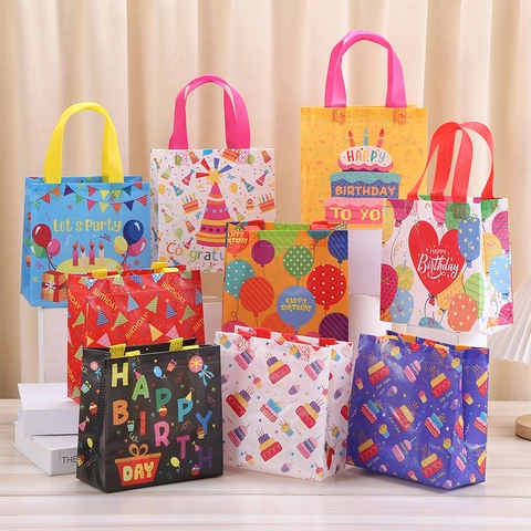 Non-woven Birthday Party Gift Bags Colorful Reusable Handbags With Handles For Candy Treats Celebration Decoration