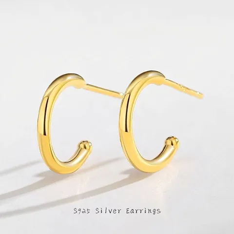 Orecchini a Bottone in Argento Sterling 925 a Forma di C Minimalista Geometrico Semicircolare a Cerchio per Donna Gioielli di Moda Oro Argento