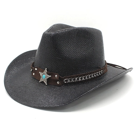 Western Cowboy Hat Woven Straw Wide Brim Sun Protection Ethnic Belt Star Badge Turquoise Outdoor Summer Men Women