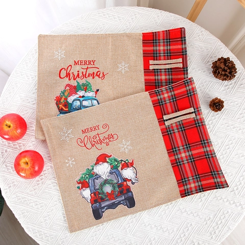 Manteles Individuales De Navidad Soporte Cubiertos Yute Lino Cuadros Decoración Mesa Tapete Aislado Vintage Gnomo Camión