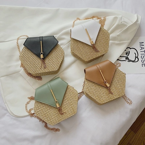 Dames Zeshoekige Stro Schoudertas PU Leer Spleten Legering Kwastje Ketting Schoudertas Zomer Strand Boho Stijl