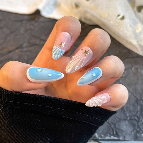 Press On Nails 3D Relief Flower Seashell Starfish French Almond Shape Pink Blue Gradient Elegant Sweet Fashion Accessory