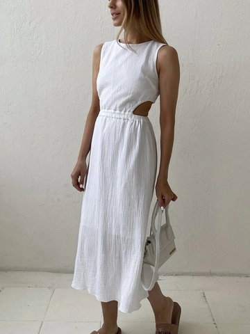 Robe Longue Sans Manches En Gaze De Coton Gaufrée Pour Femmes Élégante Col Rond Découpe Taille Bouton Dos Vacances
