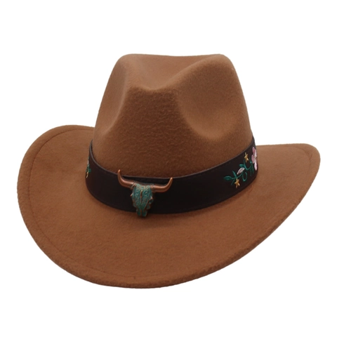 Western Cowboy Hat Vintage Felt Fedora Jazz Cap With Bull Head Metal Ornament And Floral Embroidery For Outdoor Travel