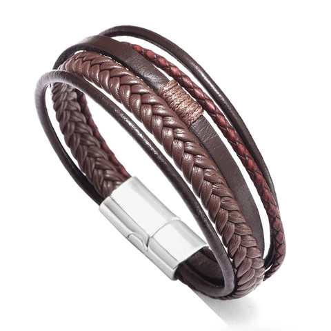 Men Multi Layer Braided Leather Bracelet With Alloy Magnetic Clasp Retro Punk Style Hand Jewelry Unisex