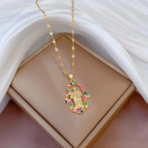 Hamsa Hand Pendant Necklace Gold Plated Stainless Steel Chain Copper St Jude Portrait Relief Colorful Zircon Women