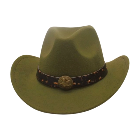 Western Cowboy Hat Retro Felt Fedora Wide Brim With Metal Star Rivet Belt For Unisex Ethnic Style
