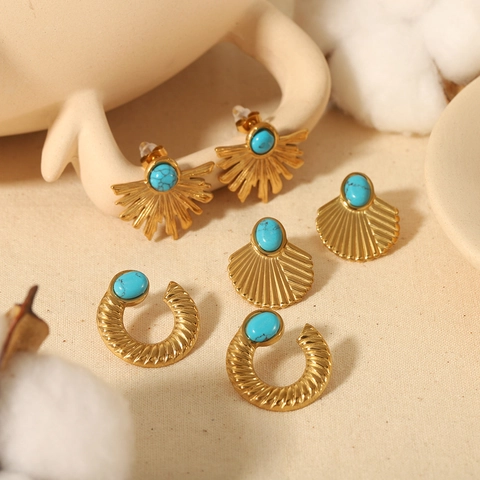 Turquoise Fan Shaped Stud Earrings Stainless Steel 18K Gold Plated Retro Geometric Jewelry For Women