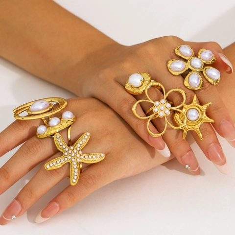 Bohemian Artificial Pearl Ring Stainless Steel 18K Gold Plated Starfish Flower Geometric Waterproof Holiday Jewelry For Women