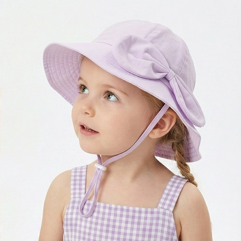 Toddler Girls Sun Hat Wide Brim Bucket Hat With Bow Decor Breathable Polyester Summer Outdoor Protection Chin Strap