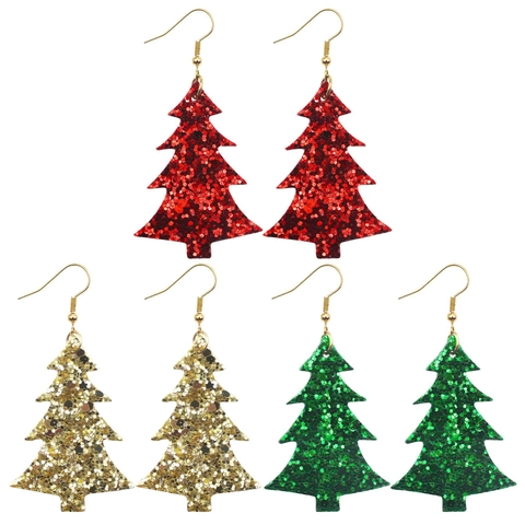 Glitter Christmas Tree Drop Earrings For Women Artificial Leather Sequin Festive Holiday Party Jewelry With Iron Hook