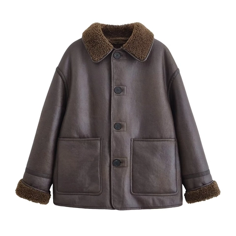 Women Reversible Faux Leather Jacket Faux Shearling Coat Turn-down Collar Button Up Pocket Vintage Casual Outerwear