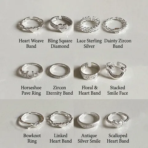 925 Sterling Silver Adjustable Rings Smiley Face Heart Bow Knot Cubic Zirconia Minimalist Fashion Jewelry For Women