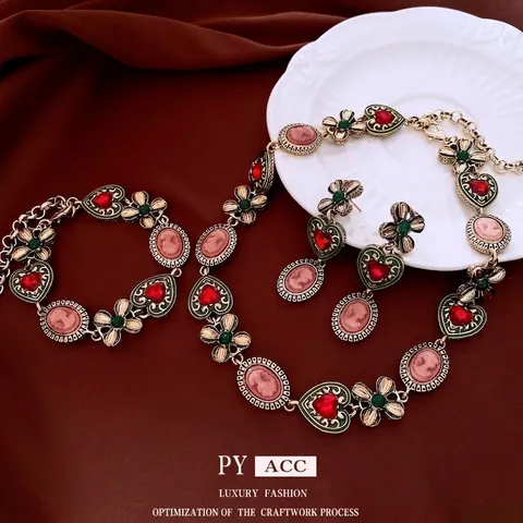 Vintage Baroque Jewelry Copper Acrylic Cameo Heart Necklace Bracelet Earrings With Silver Earring Post