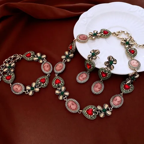 Vintage Baroque Jewelry Copper Acrylic Cameo Heart Necklace Bracelet Earrings With Silver Earring Post