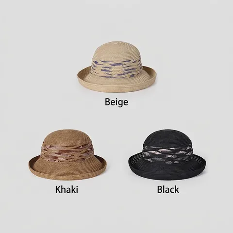 Women Straw Sun Hat Paper Foldable Wide Brim Roll Edge Decorative Ribbon Elegant Summer Beach Vacation Breathable Cap
